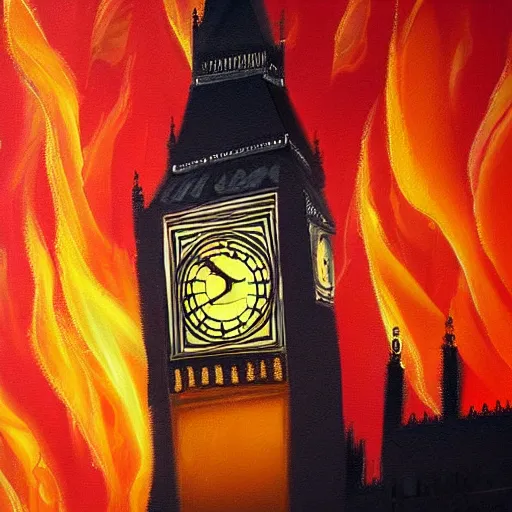 Image similar to detailed, soft, dynamic painting of the Big Ben in flames, burning, arson, professional painting, at dusk