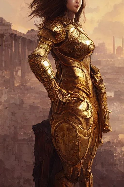 Image similar to portrait knights of Zodiac girl, golden and copper reflected armor, in ruined Agora of Athens, ssci-fi, fantasy, intricate, very very beautiful, elegant, highly detailed, digital painting, artstation, concept art, smooth, sharp focus, illustration, art by WLOP and tian zi and alphonse mucha