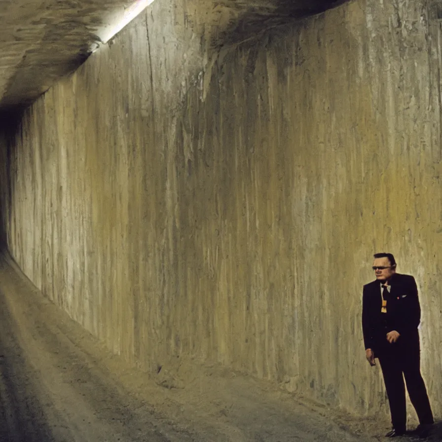 Prompt: 7 0 s movie still of josip broz tito in a yellow wall tunnel, cinestill 8 0 0 t 3 5 mm eastmancolor, heavy grain, high quality, high detail