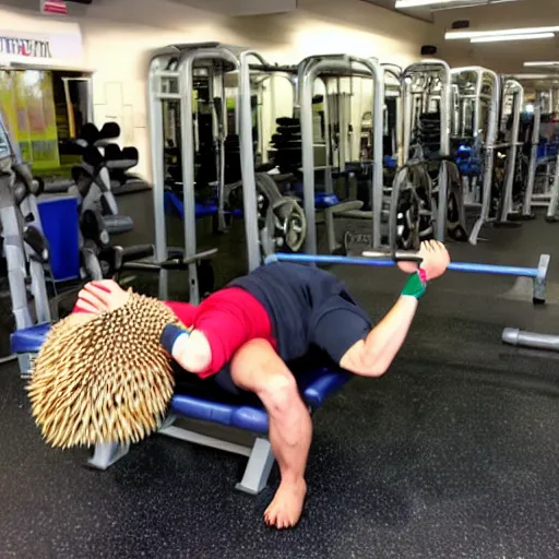 Prompt: hedgehog is doing barbell bench press in the gym