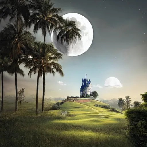 Image similar to a castle in the sky on a magical hill surrounded by giant palm trees, giant moon in the sky, cinematic, digital art by erik johansson, 8 k resolution, hyper detailed, sharp focus