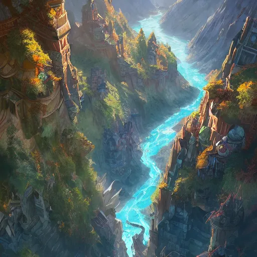 Image similar to a birds eye view overlooking an ancient fantasy city surrounded by mountains and trees of greens and browns, rivers and lakes but the city has been corrupted by a dark evil by Jordan Grimmer, Asher Brown Durand and Ryan Dening, 8k, artstation, beautiful color pallette