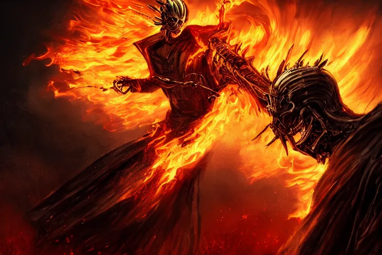 Prompt: Ghost Rider, flaming grim reaper, headshot photo, dark souls concept art, Feng Zhu concept art, dramatic lighting, highly stylized, trending on artstation, high-quality wallpaper, desktopography