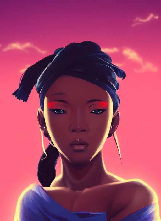 Image similar to attractive female portrait of african ninja, cloud background, rul of thirds, uplight, intricate, symmetrical!!, anime, prism highlights, depth of field, cinematic, filmic, vsco, concept art, artstation, digital painting, elegant, epic, focus