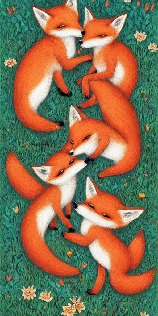 Prompt: greeting card, love, 2 beautiful foxes, by greg simkins, warm colors, cozy