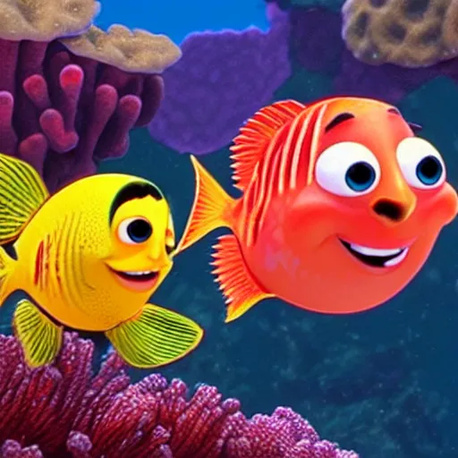 Prompt: a screenshot of a pixar film of two fish underwater watching a ship