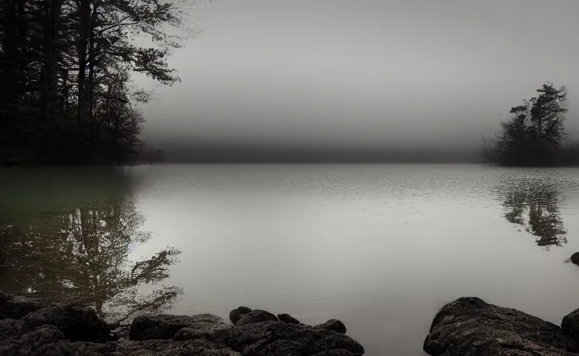 Image similar to extreme low angle camera lens partially submerged in water showing the surface of a lake with a rocky lake shore in the foreground, scene from a film directed by charlie kaufman ( 2 0 0 1 ), foggy volumetric light morning, extremely moody, cinematic trending on artstation in the style of greg rutkowski, shot on anamorphic lenses