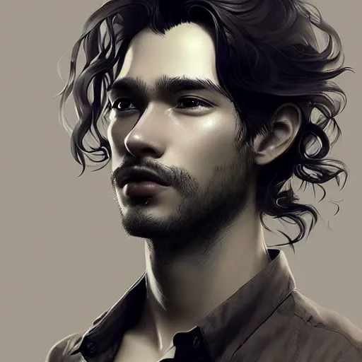 Image similar to Portrait of man with Tousled Curls type hair and Indonesian-type skin, atmospheric lighting, intricate detail, cgsociety, ambient light, dynamic lighting, anime style by Yusuke Kozaki