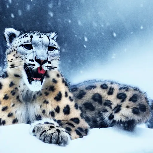 Prompt: snow leopard doing tricks with vape clouds, iPhone photo