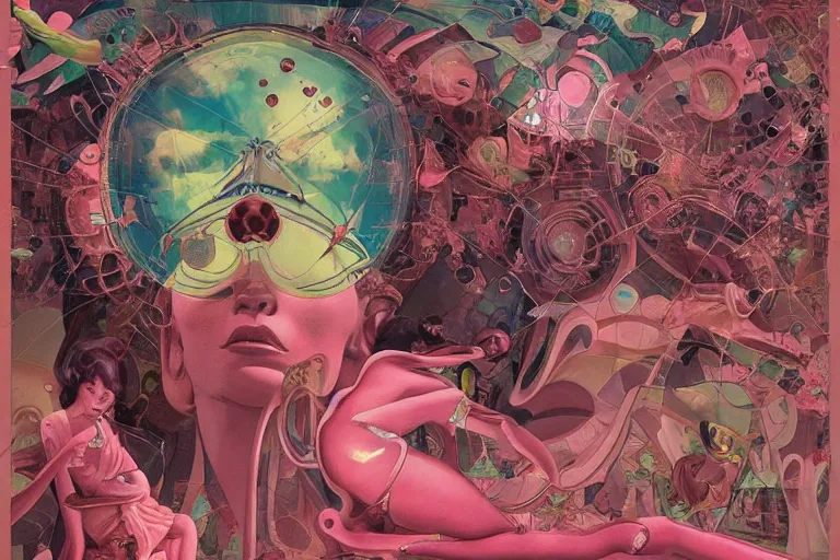 Prompt: gigantic faces that shoot pink lasers from the eyes, a lot of glass around, birds are all over the ground by szukalski, satoshi kon and moebius, colorful flat surreal design, super - detailed, a lot of tiny details, fullshot