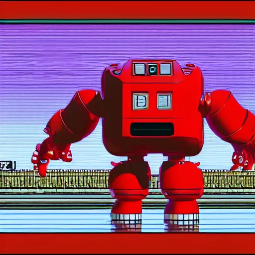 Image similar to red giant robot that towers over you from nintendo's earthbound beginnings in remastered 3 d geometry with raytraced highly reflective material, 4 k