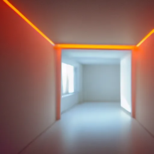 Prompt: view inside an empty room with the only light source being an orange led