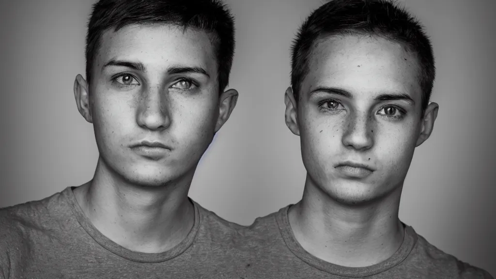 Prompt: a young man grayscale portrait photo. split light.