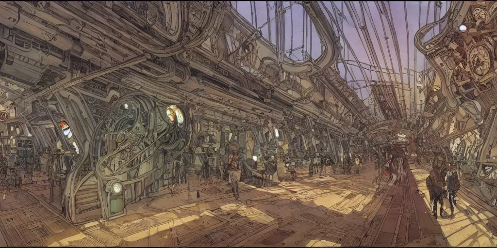 Prompt: wide angle view on steampunk airplane hallway, kid and mad scientist walking, giant video screens, sci - fi, big interior plants, retrofuturism, concept art by mucha and moebius and victo ngai, architecture by francois schuiten, clean line, diesel punk, artstation