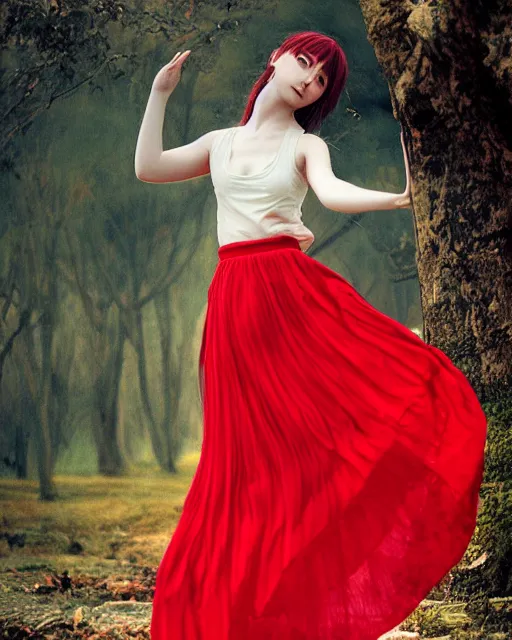 Image similar to goddess of summer, red gauze skirt, dreamy, beautiful, by wlop