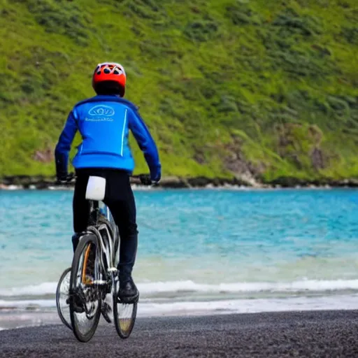 Image similar to deliveroo rider on a bike riding on a beach