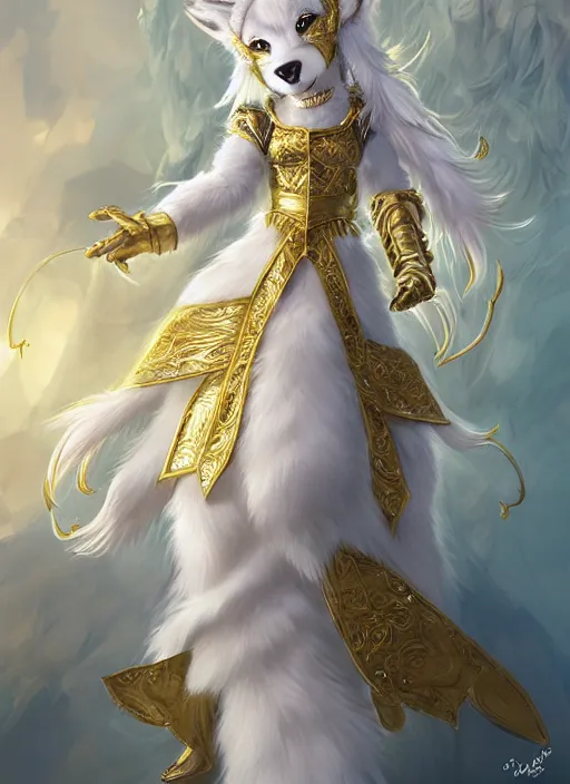 Image similar to commissioned full body furry portrait of a female anthro wolf-headed princess fursona with white hair wearing a white and gold chinese armored dress in a white and gold palace, by a professional manga illustrator, Stanley Artgerm Lau, WLOP, Rossdraws, James Jean, Andrei Riabovitchev, Marc Simonetti, and Sakimichan, trending on artstation