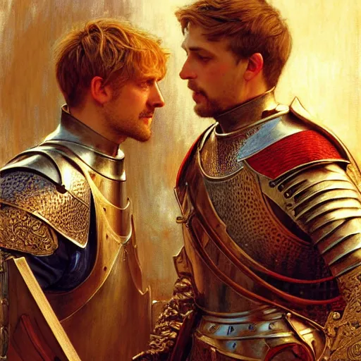 Image similar to attractive arthur pendragon and his attractive male knight, they are in love, natural lighting, path traced, highly detailed, high quality, digital painting, by gaston bussiere, craig mullins, alphonse mucha j. c. leyendecker