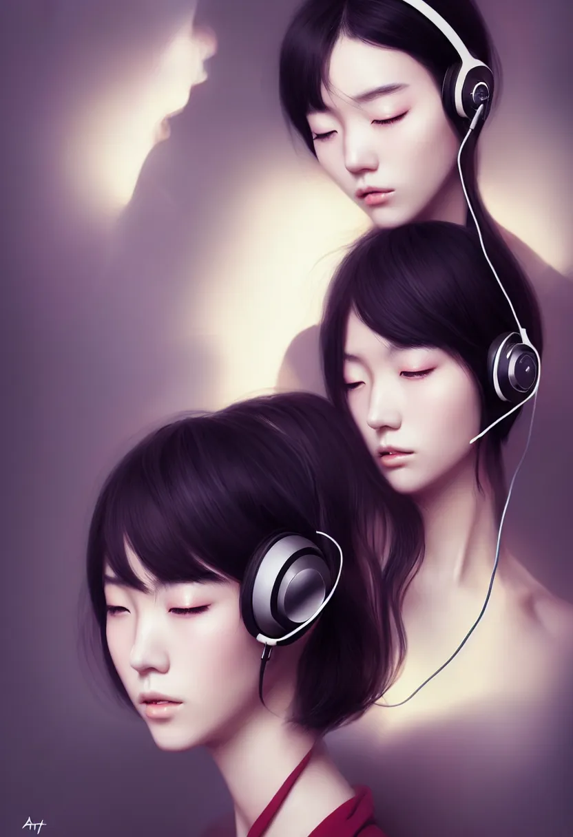 Image similar to japanese young woman waist up portrait, headphones listening to music, elegant as fashion editorial shot, highly detailed, smooth, sharp focus, dramatic lighting, volumetric lighting, cinematic lighting, art by artgerm and and wlop