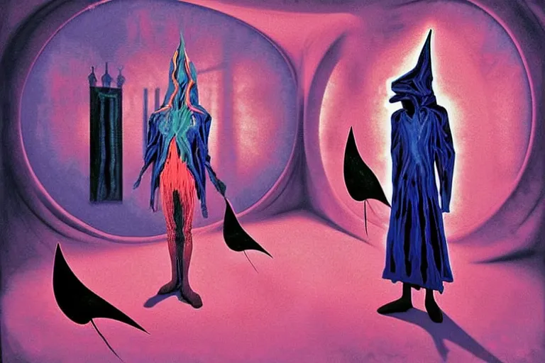 Image similar to a masterpiece painting in the laboratory of a technomancer wizard, in dazzle camouflaged robes, pointed hoods, he discusses sentience with his al djinn by remedios varo and anato finnstark and greg rutkowski and andy warhol and francis picabia. dayglo pink blue, prismatic, pearlescent, raven black, glowing, hyperrealism, trending on artstation