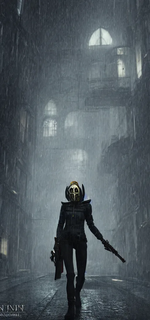 Prompt: annie leonhart in dunwall city wearing corvo attano's mask, redshift render, cinematic lighting, rainy weather, melancholy atmosphere, dunwall city, volumetric light, octane render, dishonored game, dishonored 1, gothic architecture, realistic reflections, octane render 8 k, view from air