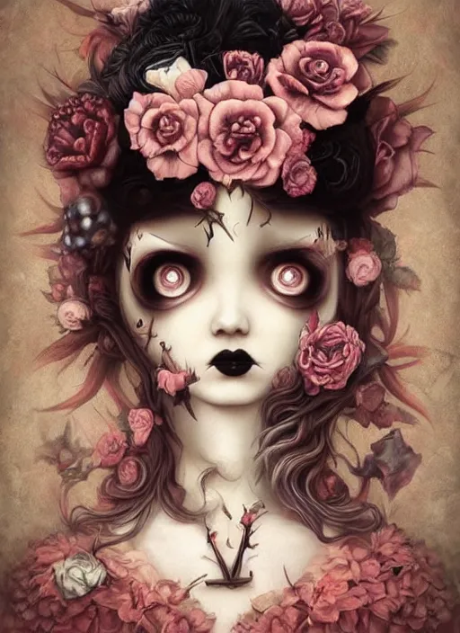 Image similar to pop surrealism, lowbrow art, realistic cute gothic black dress fashion painting, japanese street fashion, hyper realism, muted colours, rococo, natalie shau, loreta lux, tom bagshaw, mark ryden, trevor brown style,