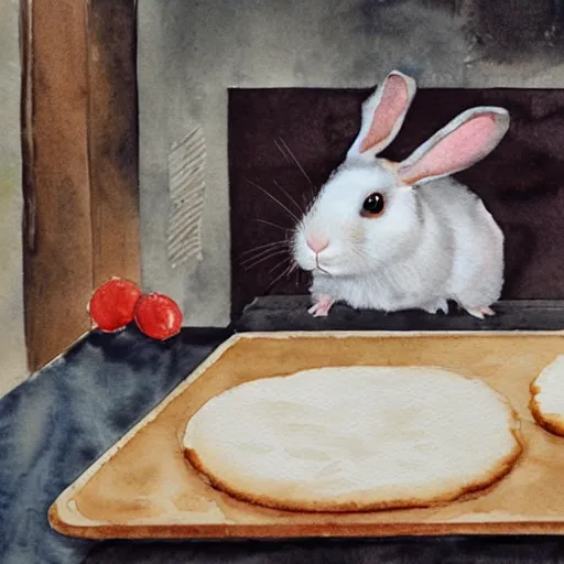 Prompt: a rabbit, and a guinea pig, baking cookies together, inside a french cozy kitchen, realistic watercolour