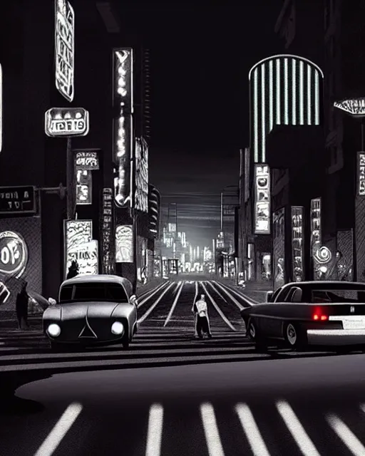 Prompt: hyper-realistic scene from sin city 2, dark city streets with cars and people in the distance, glowing lights, low key, 8k, trending on twitter