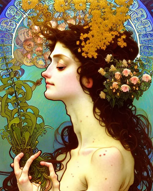 Image similar to goddess of nature, unusual beauty, fauna, flowers, plants, emotionally evoking symbolic metaphors, head in focus, fantasy, ornamental, intricate, elegant, sensual, highly detailed digital painting, artstation, concept art, painterly, golden ratio, sharp focus, illustration, art by Alphonse Mucha and Boris Vallejo and Arcimboldo and Zdzisław Beksiński,