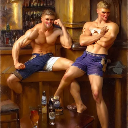 Image similar to attractive muscular male with brunet hair and attractive muscular male with blond hair. pants and shorts, drinking their hearts out, in a pub, close shot, very defined and detailed painting by gaston bussiere, j. c. leyendecker, craig mullins 8 k