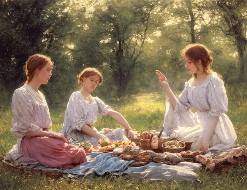 Image similar to 2 peasant girls on a picnic, cottage core, cinematic focus, polaroid photo bleached vintage pastel colors high - key lighting, soft lights, foggy, by steve hanks, by lisa yuskavage, by serov valentin, by tarkovsky, 8 k render, detailed, oil on canvas