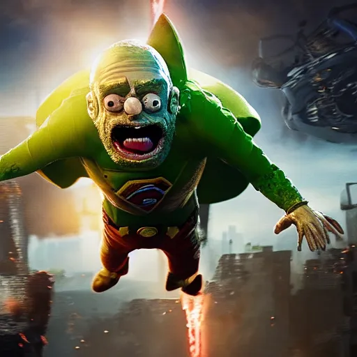 Image similar to pickle rick is flying as superman flying in ( gears of war ), splash art, movie still, detailed face, photorealistic facial features, cinematic lighting, dramatic, octane render, long lens, shallow depth of field, bokeh, anamorphic lens flare, 8 k, hyper detailed, 3 5 mm film grain