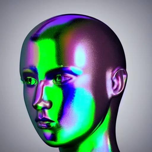 Image similar to 3d render of holographic human robotic head made of glossy iridescent, surrealistic 3d illustration of a human face non-binary, non binary model, 3d model human, cryengine, made of holographic texture, holographic material, holographic rainbow, concept of cyborg and artificial intelligence