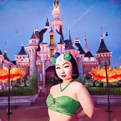 Image similar to beautiful bald asian woman with pinup makeup wearing disneyland mouse ears standing in front of the disneyland castle at night, oil painting, highly detailed, theatrical lighting, sharp focus