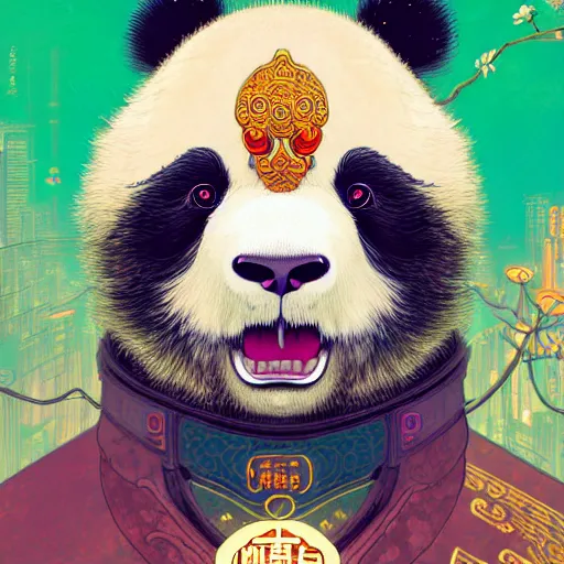 Image similar to a beautiful hyperdetailed character design 4 k wallpaper illustration of a cute panda with a chinese lion dance head victo ngai cyberpunk style, from china, style of studio ghibli, makoto shinkai, raphael lacoste, louis comfort tiffany, artgerm, james jean, ross tran, chinese style