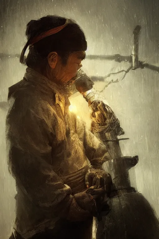 Image similar to Japanese blacksmith, portrait, poor, intricate, elegant, volumetric lighting, scenery, digital painting, highly detailed, artstation, sharp focus, illustration, concept art,ruan jia, steve mccurry