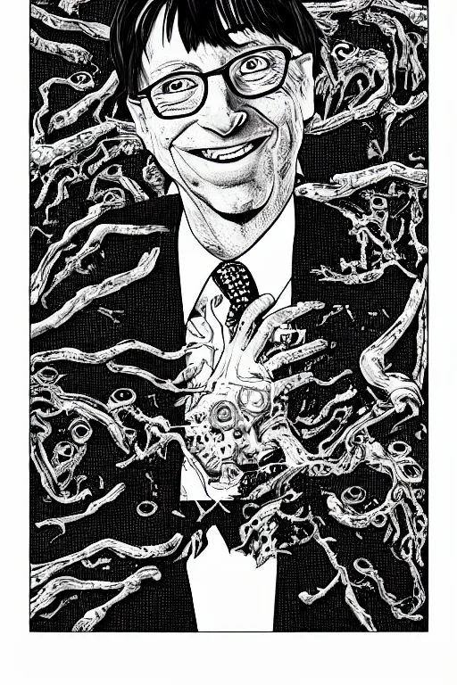 Prompt: Bill Gates full body portrait, body horror, black and white Illustration by Junji Ito