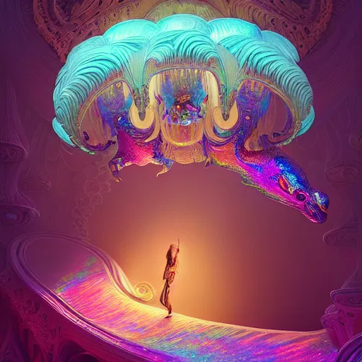 Image similar to iridescent opalescent animal in candyland, warm tones, bioluminescent : by michal karcz, daniel merriam, victo ngai and guillermo del toro : ornate, dynamic, particulate, intricate, elegant, highly detailed, centered, artstation, smooth, sharp focus, octane render