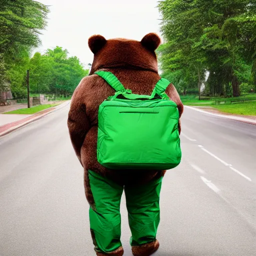 Prompt: big realistic bear standing on two legs, wearing huge green bag at his bac, square backpack, photo realistic, high detail, smooth, no pants