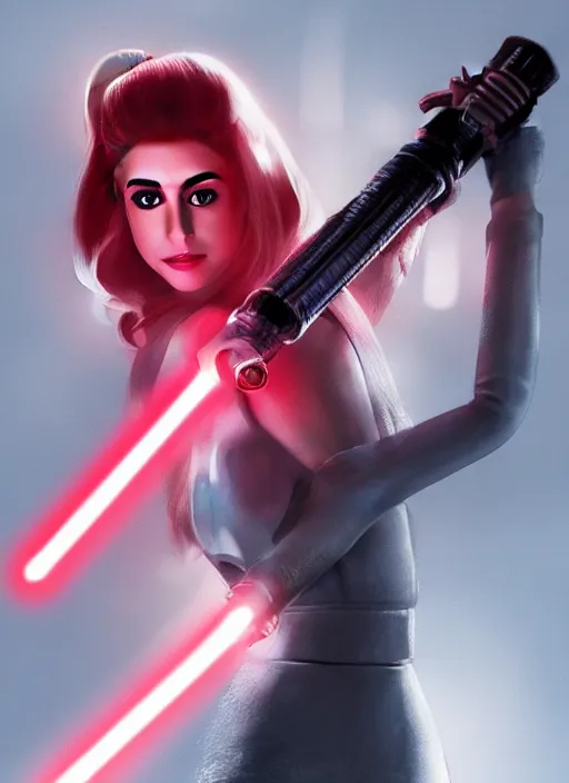 Image similar to Photo of Ariana Grande with a red lightsaber, Star Wars concept art, trending on artstation, dramatic lighting, photo-realistic