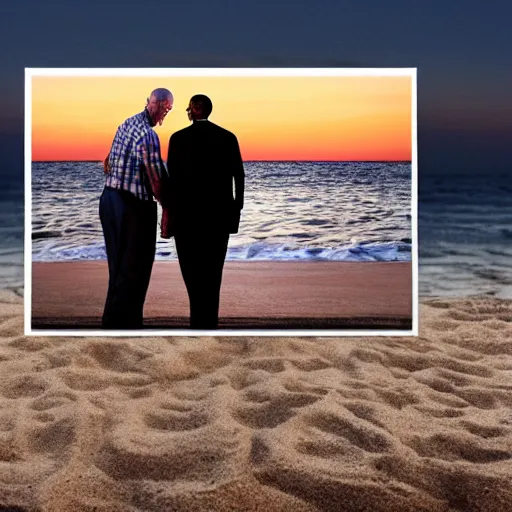 Image similar to Walter White hugging Barak Obama on the beach, sunset, zoomed in