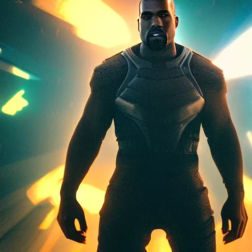 Prompt: Portrait of Kanye West as thanos, splash art, movie still, cinematic lighting, dramatic, octane render, long lens, shallow depth of field, bokeh, anamorphic lens flare, 8k, hyper detailed, 35mm film grain