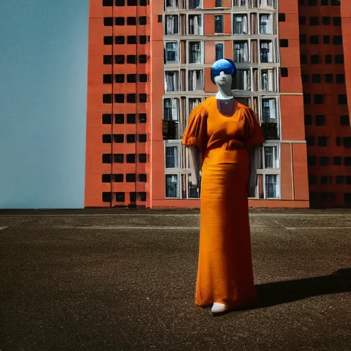 Image similar to giant flower head, frontal, woman standing in mid century building, surreal, symmetry, bright, tone in tone, cinematic, wes anderson