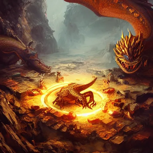 Image similar to a dragon protecting a huge golden treasure pile in a cave with bones scattered across the floor, made by stanley artgerm lau, wlop, rossdraws, artstation, cgsociety, concept art, cgsociety, octane render, trending on artstation, artstationhd, artstationhq, unreal engine, 4 k, 8 k.