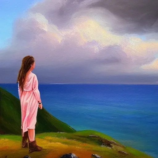 Image similar to A painting of a girl standing on a mountain looking out an approaching storm over the ocean, wind blowing, ocean mist, oil painting