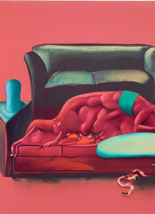 Prompt: there is a sofa in the room with a body sitting on it, isometric perspective, grotesque, doomed, acrylic paint, gouache on canvas, vibrant colors, grotesque, wrapped thermal background, art francis bacon