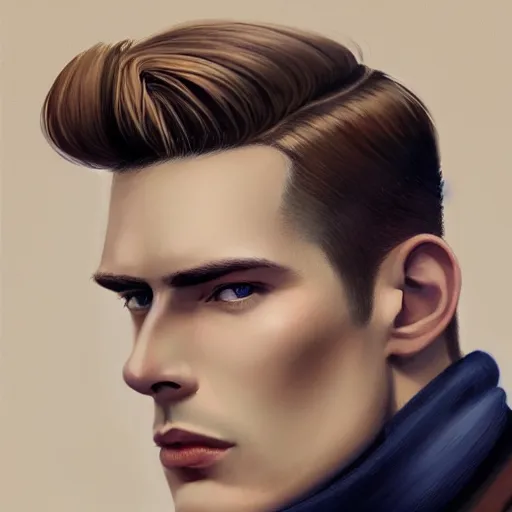 Prompt: tall man in his twenties with brown blond short quiff hair and thin slightly round facial structure with cleft chin, straight eyebrows and prominent nose and shadow of beard, good definition of cheekbones, big hazel nut brown eyes, narrow face, slim body, atmospheric lighting, painted, intricate, 4 k, highly detailed by charlie bowater