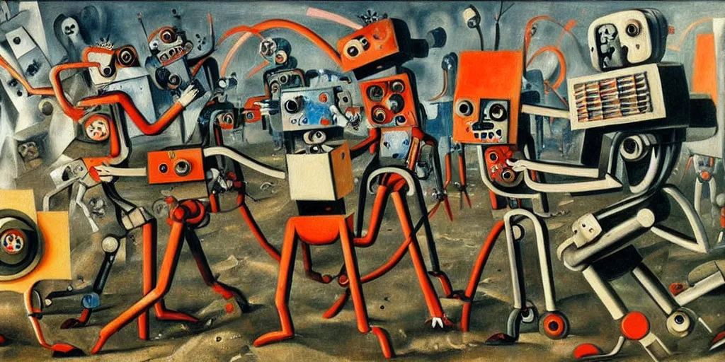 Image similar to scene from future robot battle, painting by otto dix, 8 k