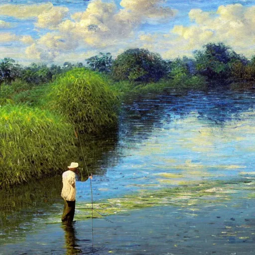 Prompt: elderly man intent on fishing with a fishing rod in a river. around a cane field, light clouds in the blue sky, finely painted in oil in impressionistic style