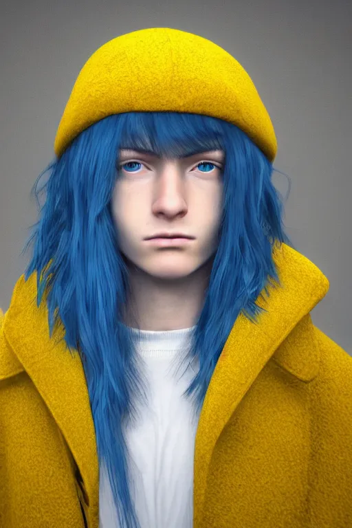 Prompt: a male teenager with long blue hair and yellow eyes wearing a winter overcoat, hyperrealistic, concept art, octane render, unreal engine 5, trending on artstation, high quality, 8 k, highly detailed, digital art, anatomically correct, symmetrical, realistic and defined face, high coherence, path traced, face portrait, yellow eyes, blue hair